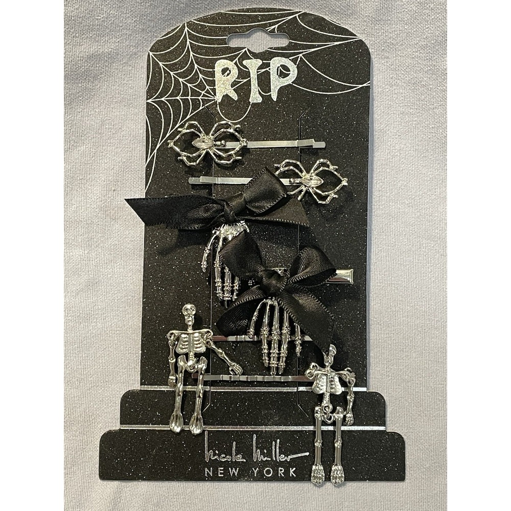 NEW Set of 6 Nicole Miller Silver Metal Bar Hair Clips Halloween - Hand Spider